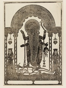 Goddess Kali in Traditional Pose 19th Century Bengal Woodcut