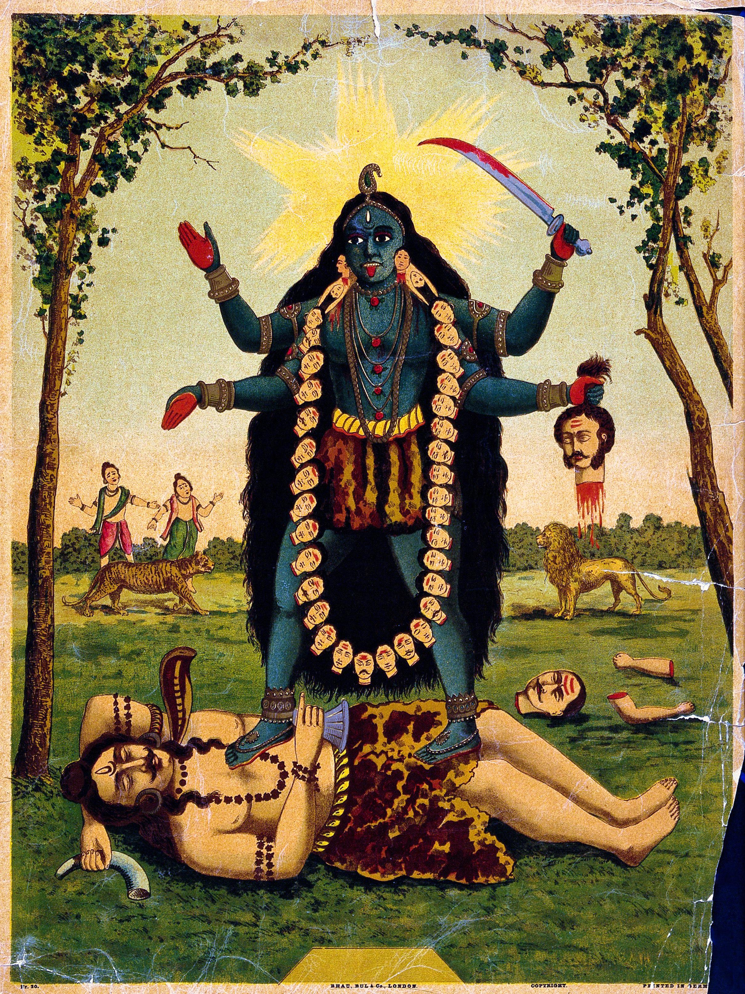 Kali. Chromolithograph by Bhau, Bul & Co. of London, 19th century German print.